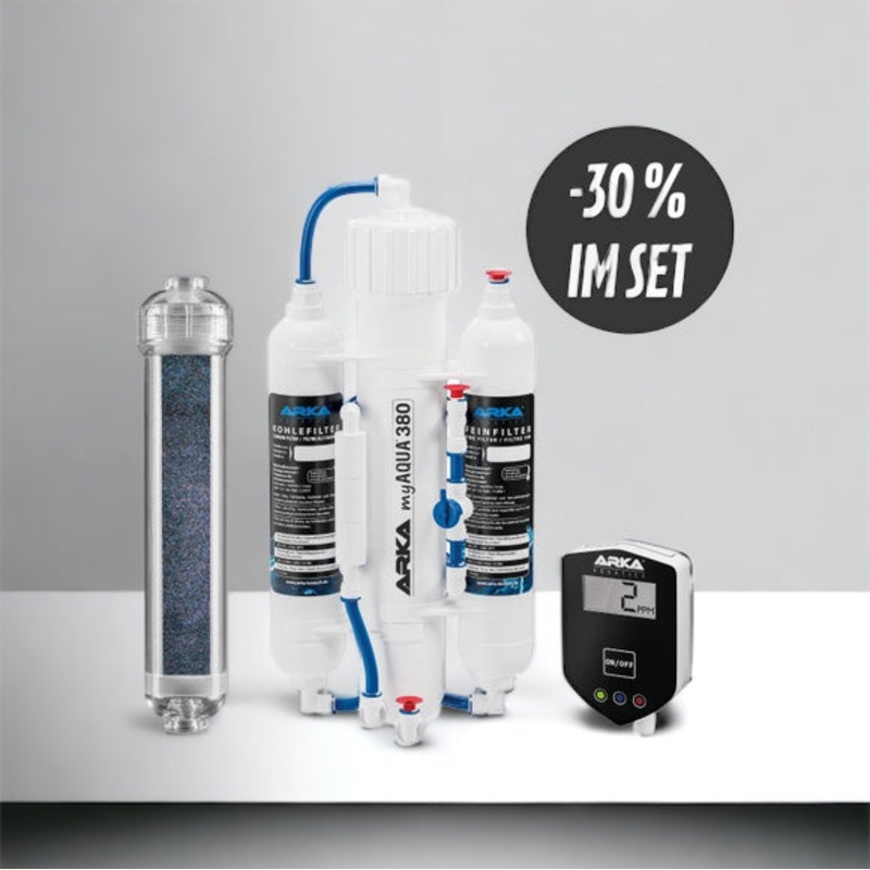 AKTION: ARKA myAQUA 380 Osmoseanlage + Resinfilter mit Farbumschlag 500ml + Inline-TDS-Messgert Bundle