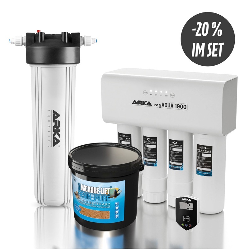 AKTION: ARKA myAQUA 1900 Osmoseanlage Starterset inkl. Multifilter 4 L, Resin Pure 4 Liter Mischbettharz, Inline-TDS-Messgert Bundle