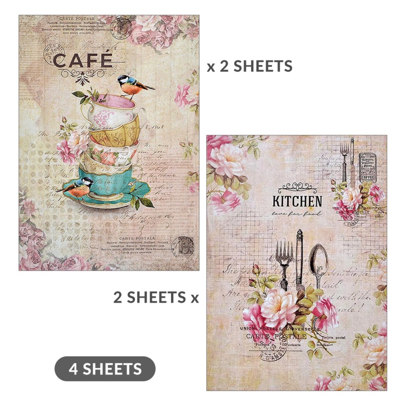 Decoupage Paper A4 Birdie Cafe/ Love For Food 4 Sheets Lb