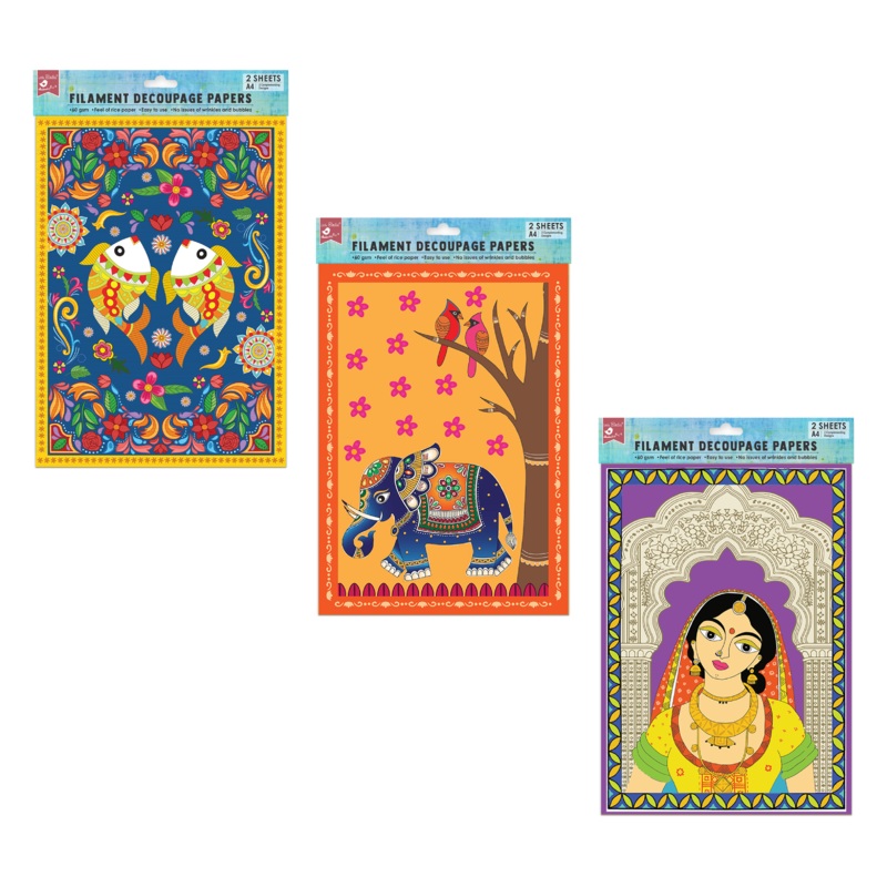 Filament Decoupage Paper Madhubani Fauna 2 Designs, Ethnic Elephant 2 Designs, Vintage Beauty 2 Designs  A4 2Sheet