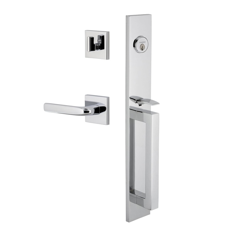 Quadrato One-Piece Handleset with D Grip and Quadrato Rosette with Bella Lever in Bright Chrome