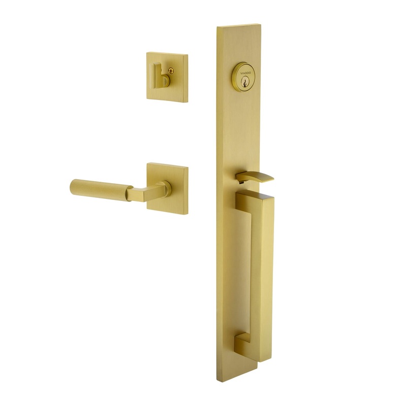 Quadrato One-Piece Handleset with D Grip and Quadrato Rosette with Contempo Fluted Lever in Satin Brass
