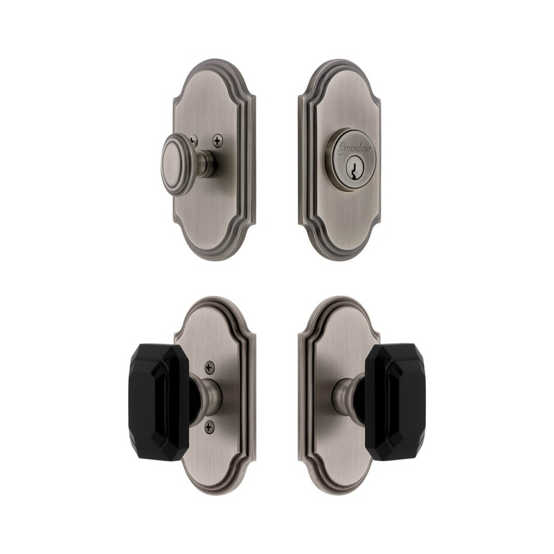 Arc Short Plate Entry Set with Baguette Black Crystal Knob in Antique Pewter