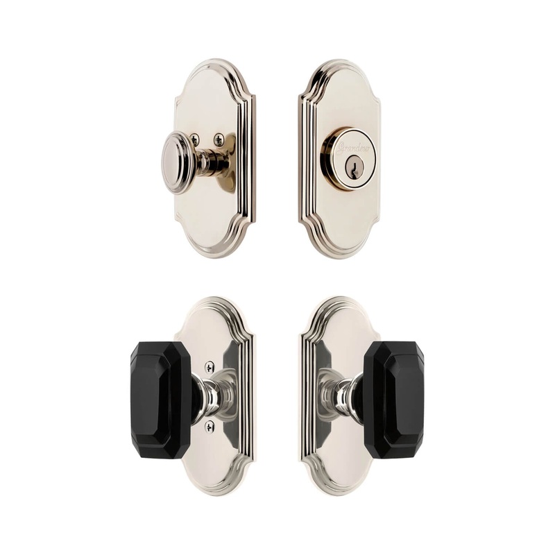 Arc Short Plate Entry Set with Baguette Black Crystal Knob in Polished Nickel
