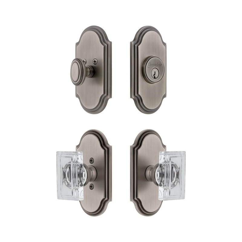 Arc Short Plate Entry Set with Carre Crystal Knob in Antique Pewter