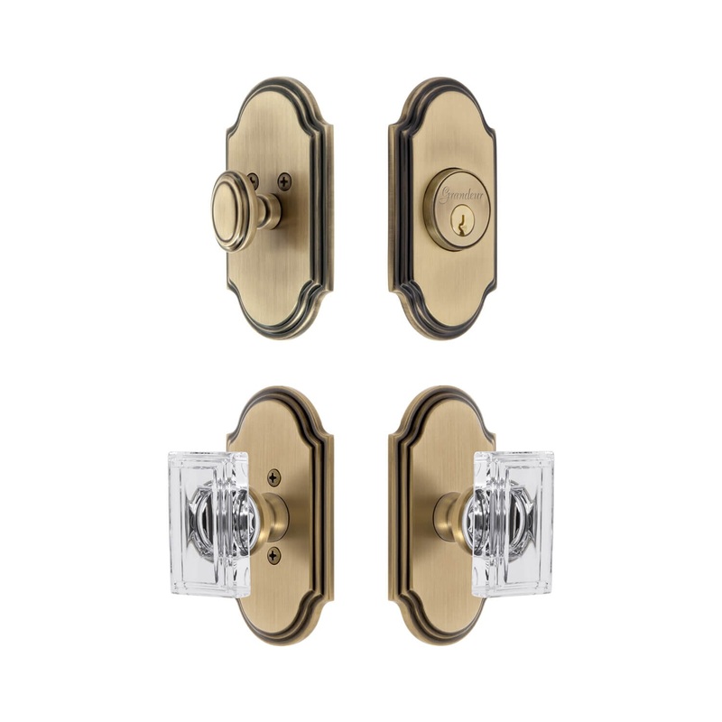 Arc Short Plate Entry Set with Carre Crystal Knob in Vintage Brass
