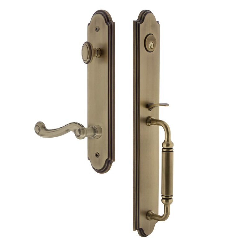 Arc One-Piece Handleset with C Grip and Newport Lever in Vintage Brass