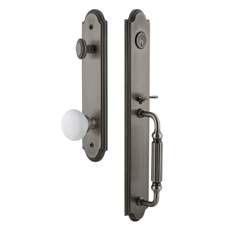 Arc One-Piece Handleset with F Grip and Hyde Park Knob in Antique Pewter