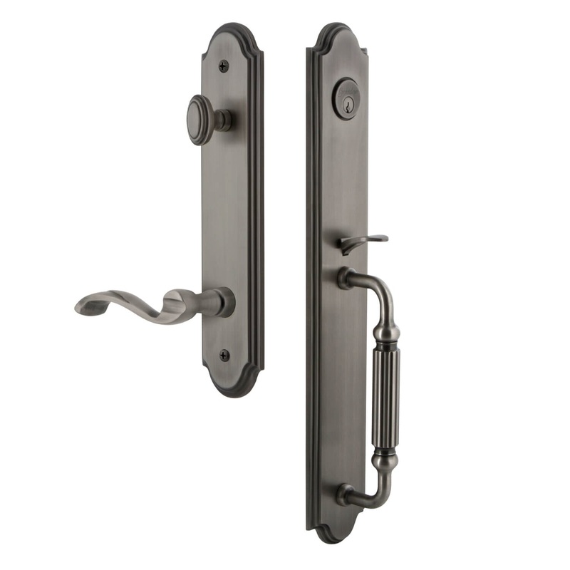 Arc One-Piece Handleset with F Grip and Portofino Lever in Antique Pewter