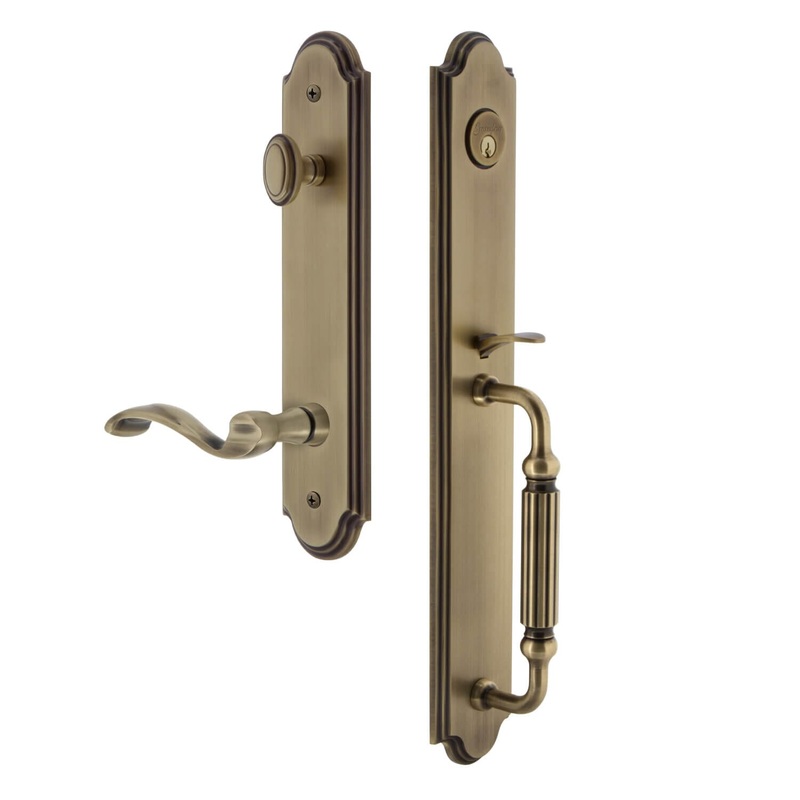Arc One-Piece Handleset with F Grip and Portofino Lever in Vintage Brass