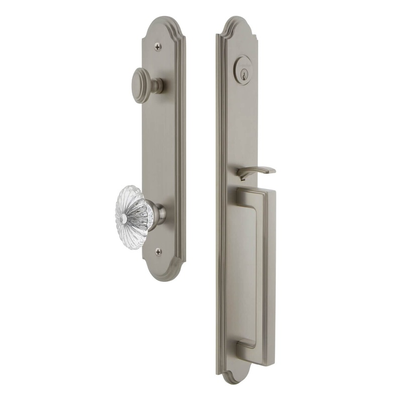 Arc One-Piece Handleset with D Grip and Burgundy Knob in Satin Nickel