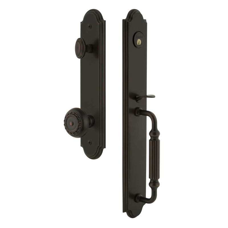 Arc One-Piece Handleset with F Grip and Parthenon Knob in Timeless Bronze