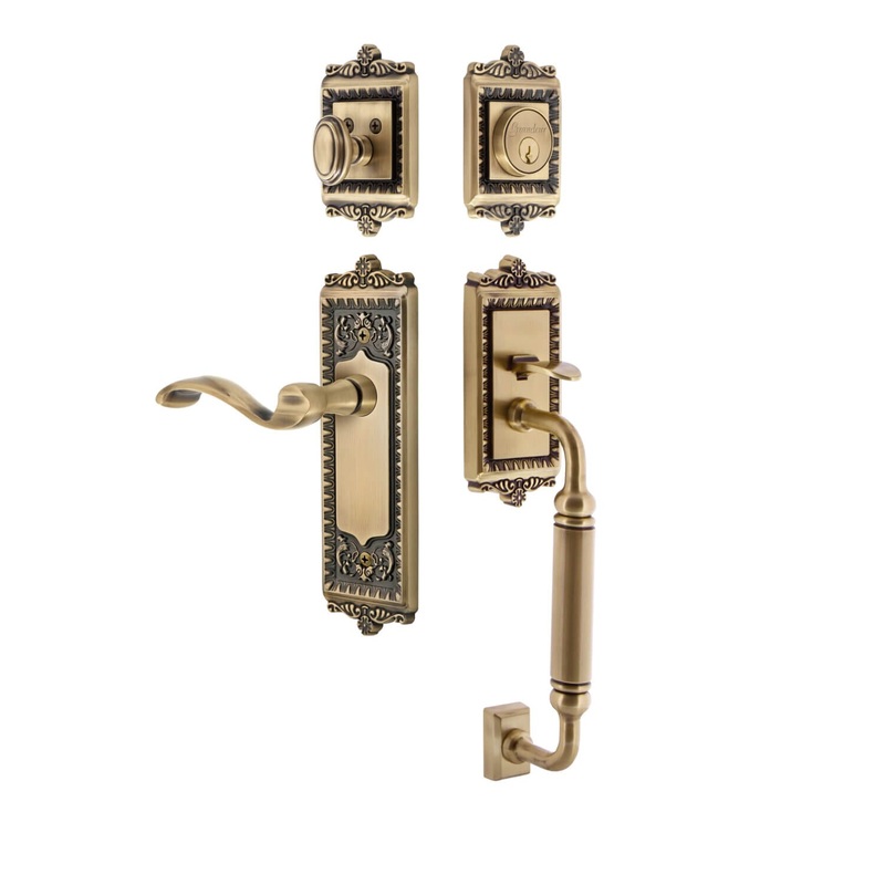 Windsor Plate C Grip Entry Set Portofino Lever in Vintage Brass
