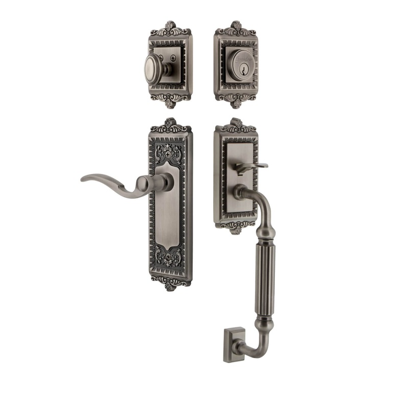 Windsor Plate F Grip Entry Set Bellagio Lever in Antique Pewter