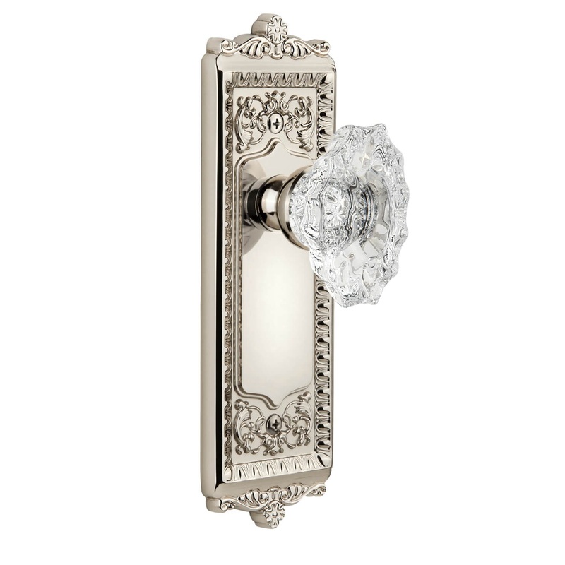 Windsor Long Plate with Biarritz Crystal Knob in Polished Nickel