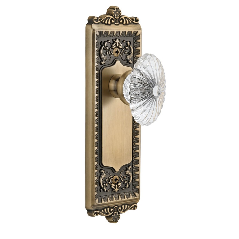 Windsor Long Plate with Burgundy Crystal Knob in Vintage Brass