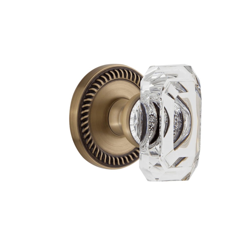 Newport Rosette with Baguette Clear Crystal Knob in Vintage Brass