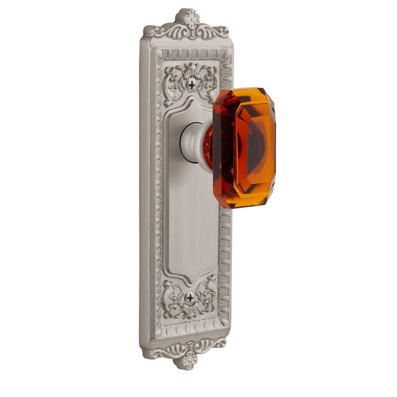 Windsor Long Plate with Baguette Amber Crystal Knob in Satin Nickel