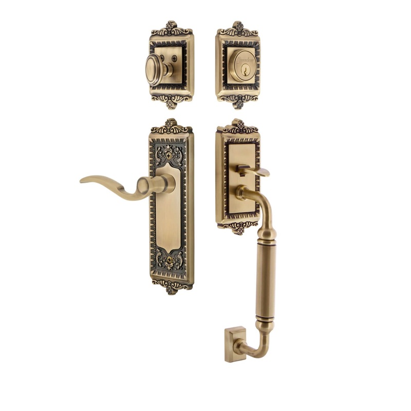 Windsor Plate C Grip Entry Set Bellagio Lever in Vintage Brass