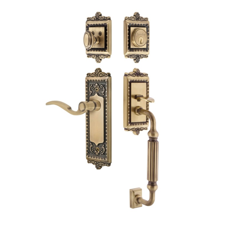Windsor Plate F Grip Entry Set Bellagio Lever in Vintage Brass