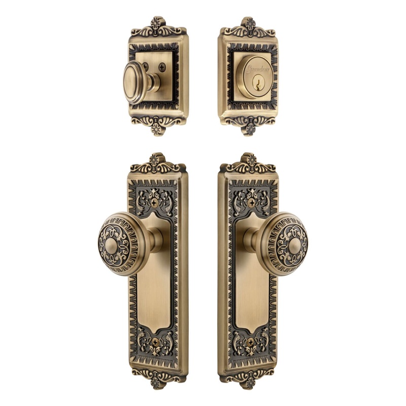 Windsor Long Plate Entry Set with Windsor Knob in Vintage Brass