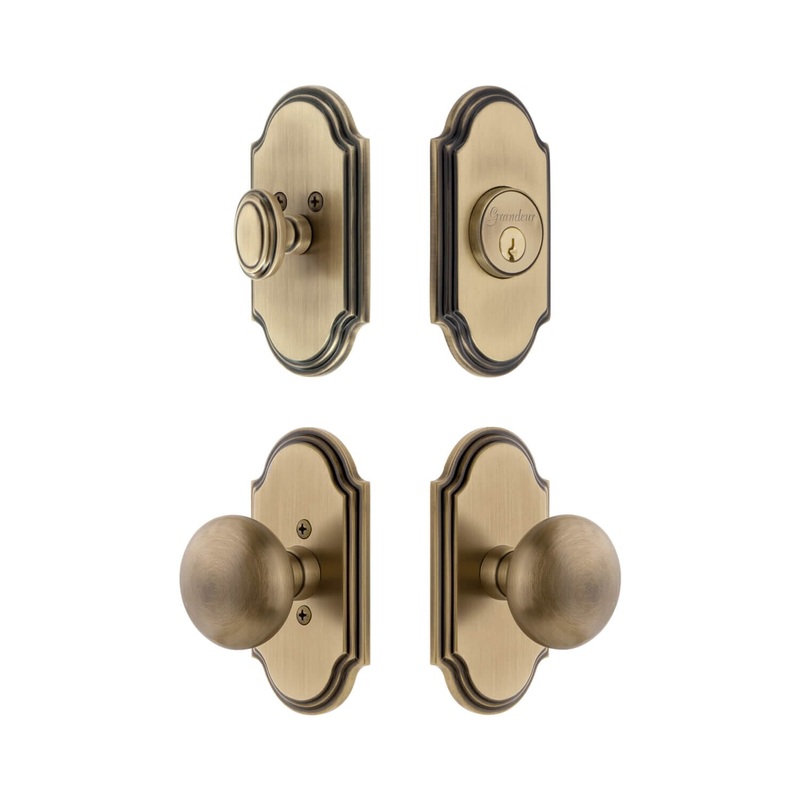 Arc Short Plate Entry Set with Fifth Avenue Knob in Vintage Brass