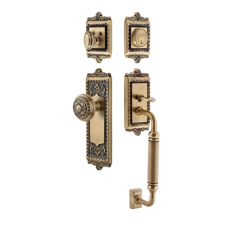 Windsor Plate C Grip Entry Set Windsor Knob in Vintage Brass
