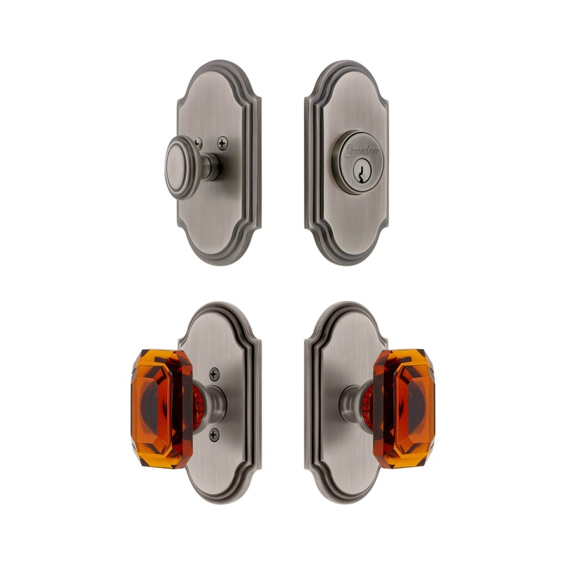 Arc Short Plate Entry Set with Baguette Amber Crystal Knob in Antique Pewter