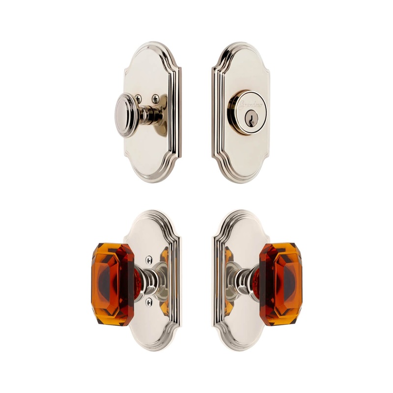 Arc Short Plate Entry Set with Baguette Amber Crystal Knob in Polished Nickel