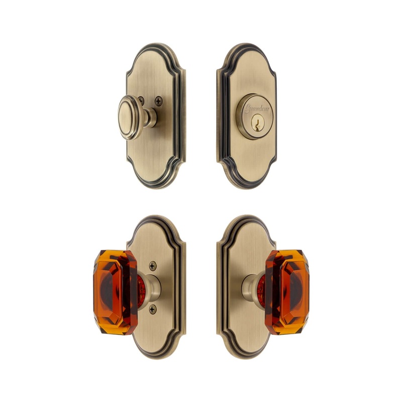 Arc Short Plate Entry Set with Baguette Amber Crystal Knob in Vintage Brass
