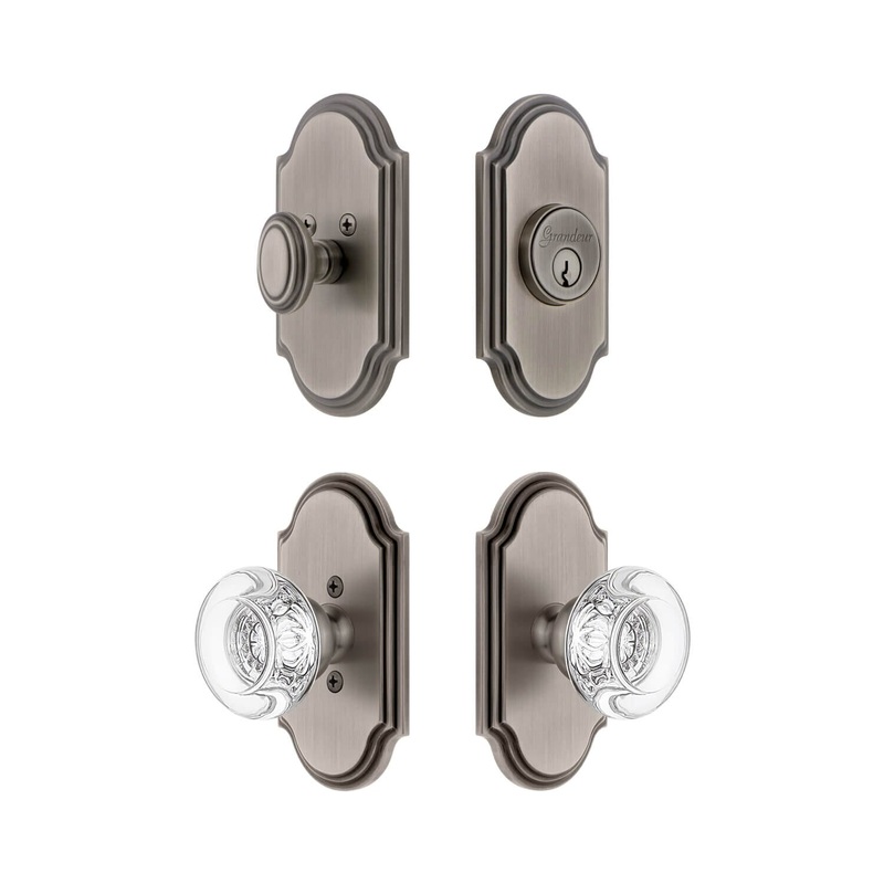 Arc Short Plate Entry Set with Bordeaux Crystal Knob in Antique Pewter