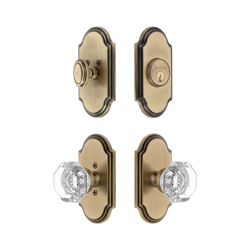 Arc Short Plate Entry Set with Chambord Crystal Knob in Vintage Brass