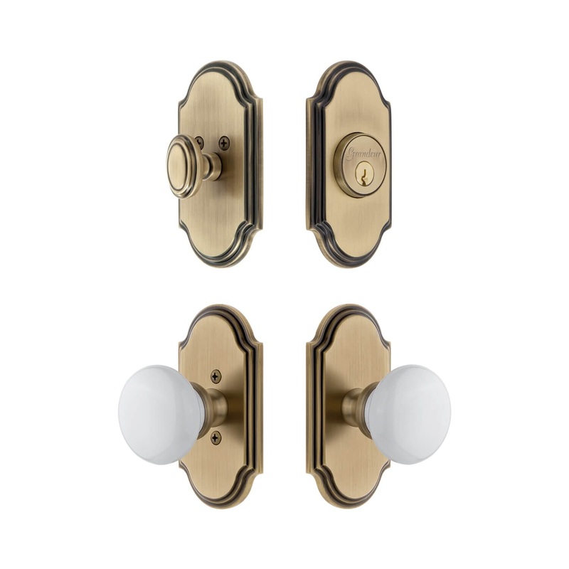 Arc Short Plate Entry Set with Hyde Park Knob in Vintage Brass