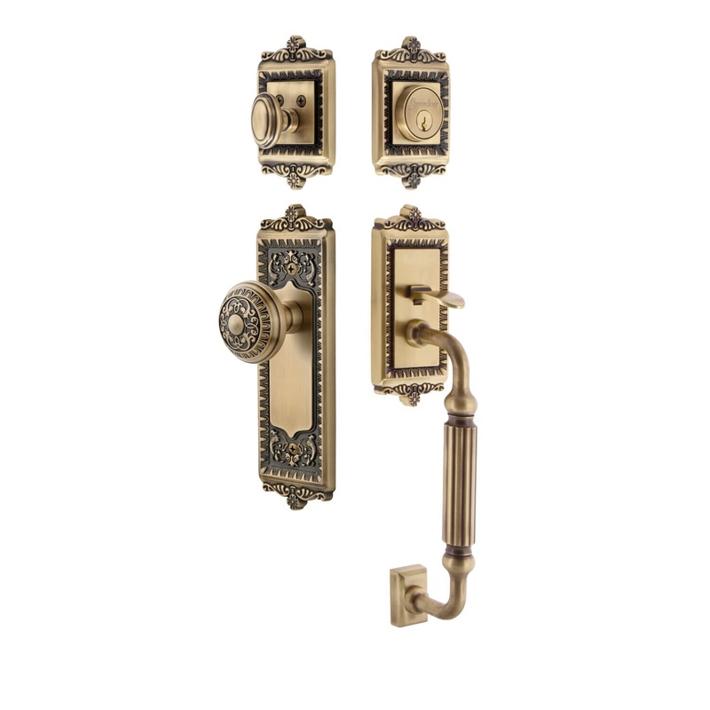 Windsor Plate F Grip Entry Set Windsor Knob in Vintage Brass