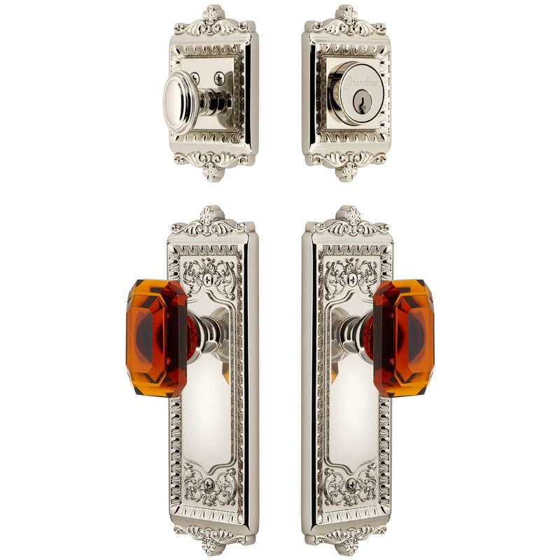 Windsor Long Plate Entry Set with Baguette Amber Crystal Knob in Polished Nickel
