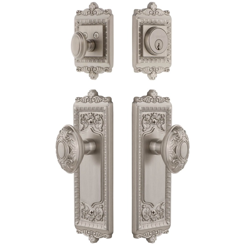Windsor Long Plate Entry Set with Grande Victorian Knob in Satin Nickel