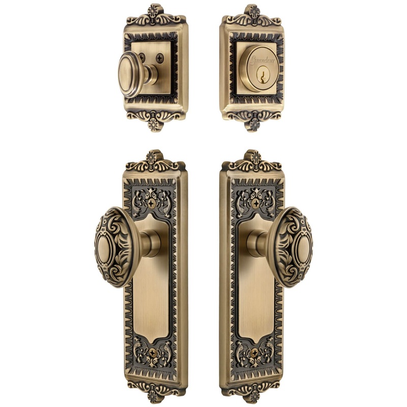 Windsor Long Plate Entry Set with Grande Victorian Knob in Vintage Brass