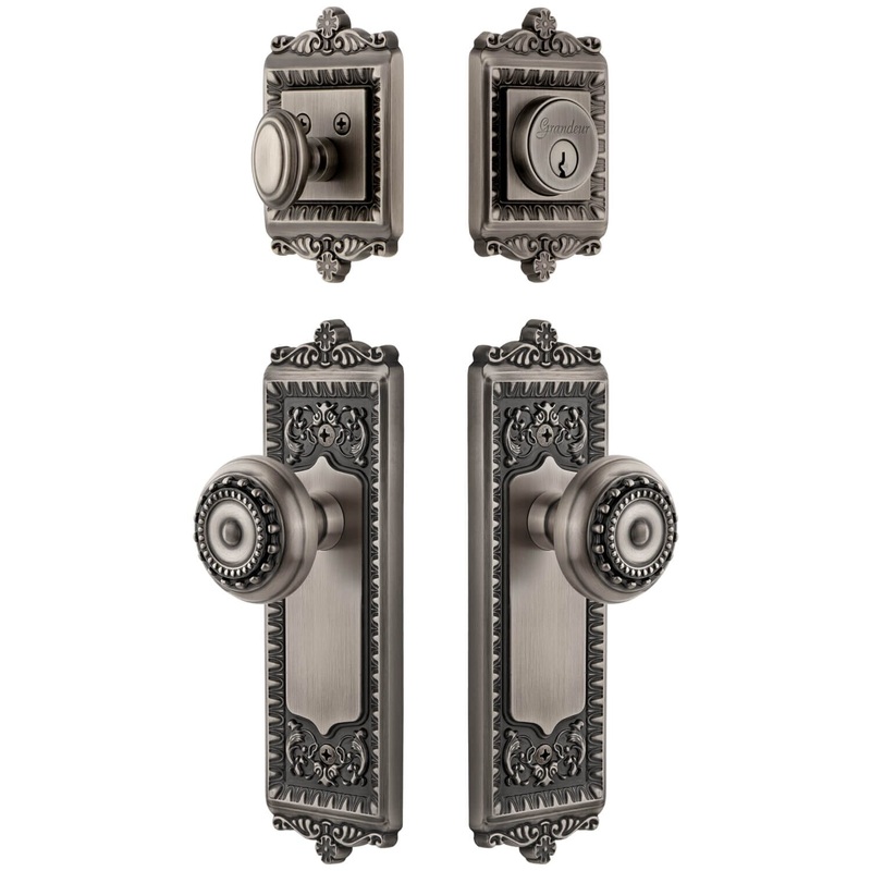 Windsor Long Plate Entry Set with Parthenon Knob in Antique Pewter