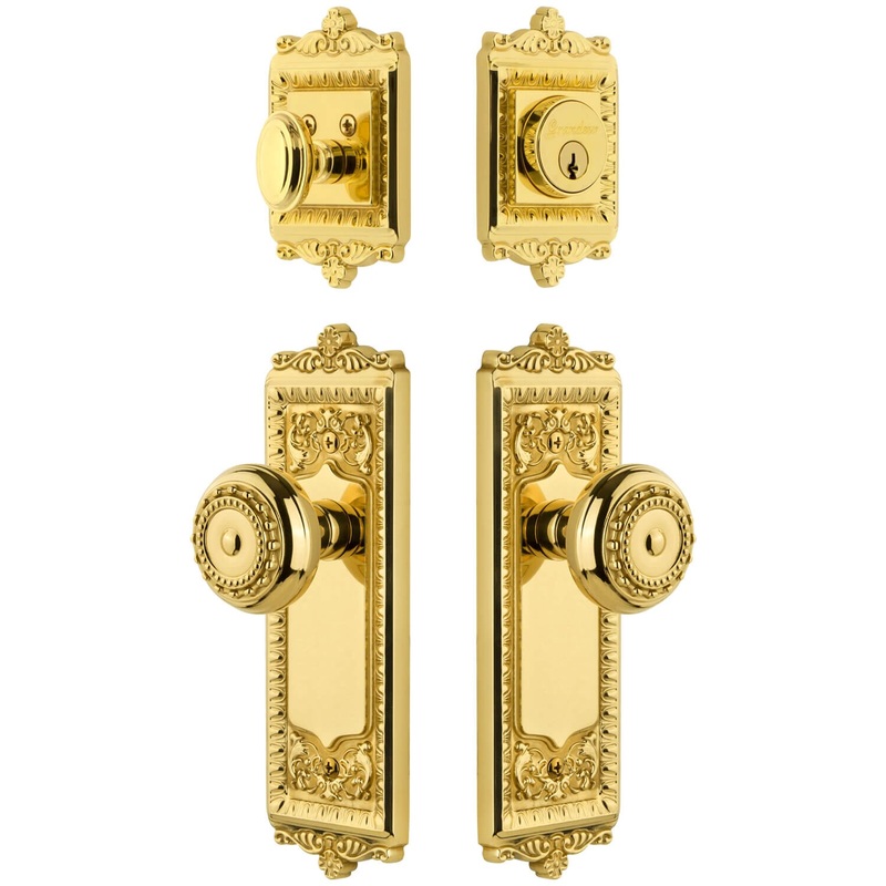 Windsor Long Plate Entry Set with Parthenon Knob in Lifetime Brass