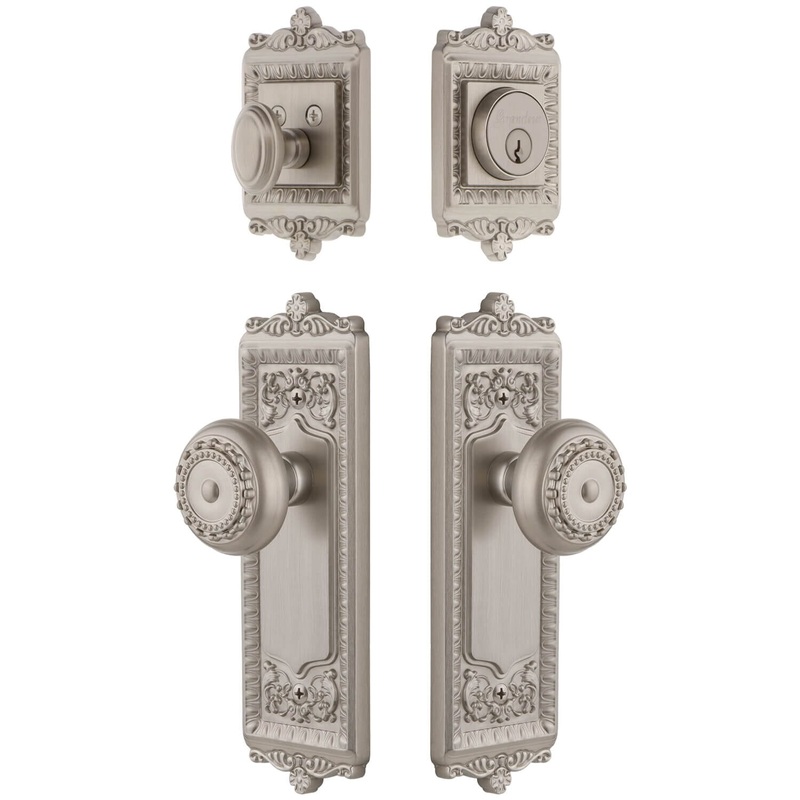 Windsor Long Plate Entry Set with Parthenon Knob in Satin Nickel