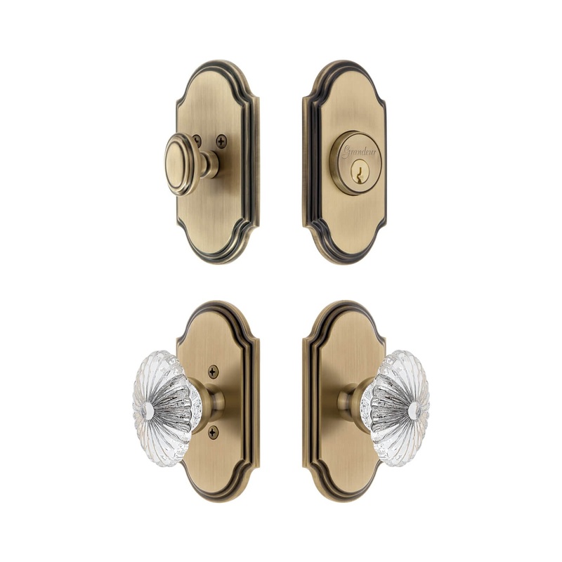 Arc Short Plate Entry Set with Burgundy Crystal Knob in Vintage Brass