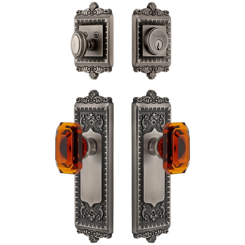 Windsor Long Plate Entry Set with Baguette Amber Crystal Knob in Antique Pewter