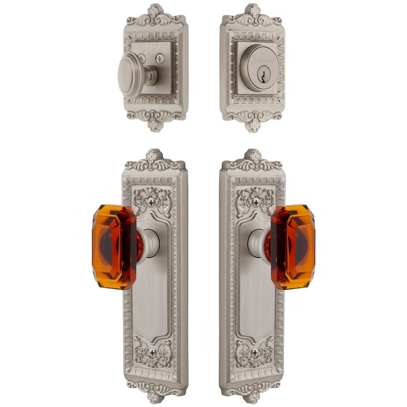 Windsor Long Plate Entry Set with Baguette Amber Crystal Knob in Satin Nickel