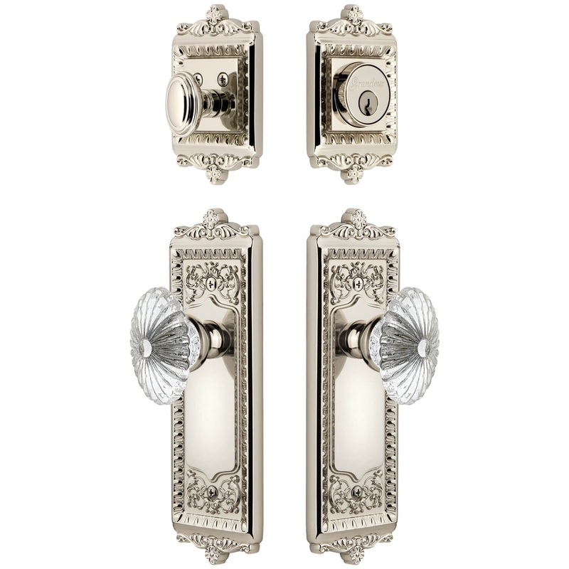 Windsor Long Plate Entry Set with Burgundy Crystal Knob in Polished Nickel