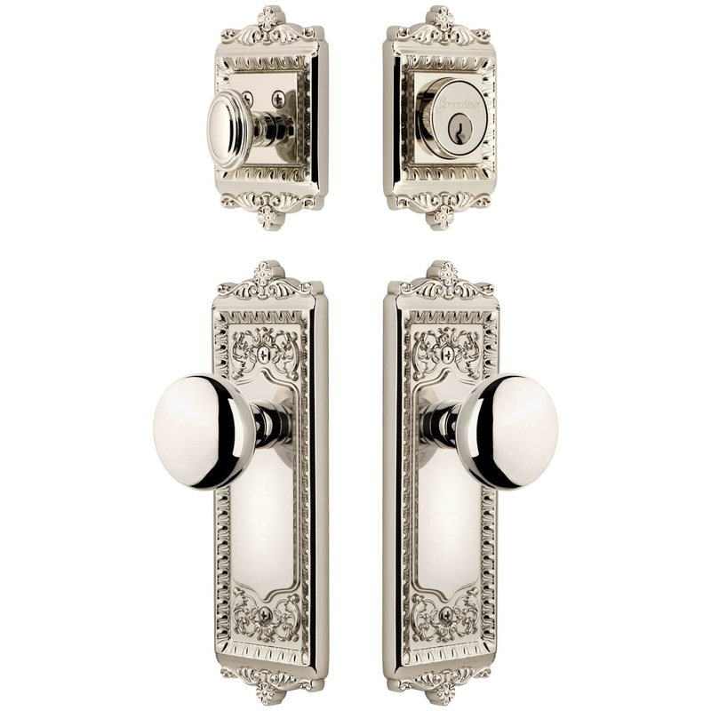 Windsor Long Plate Entry Set with Fifth Avenue Knob in Polished Nickel