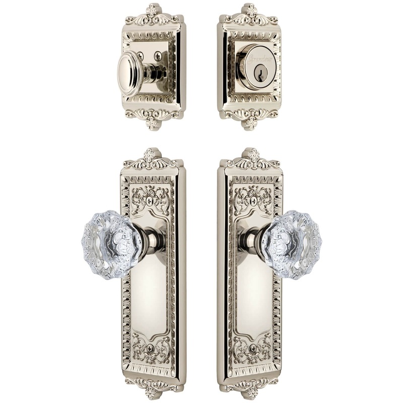 Windsor Long Plate Entry Set with Fontainebleau Crystal Knob in Polished Nickel