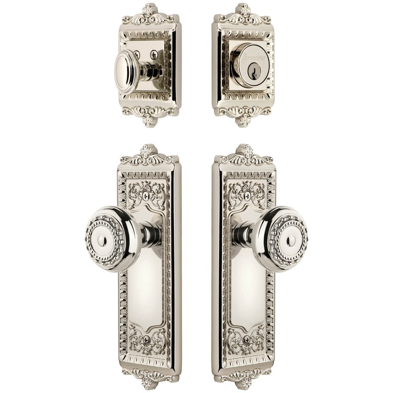 Windsor Long Plate Entry Set with Parthenon Knob in Polished Nickel