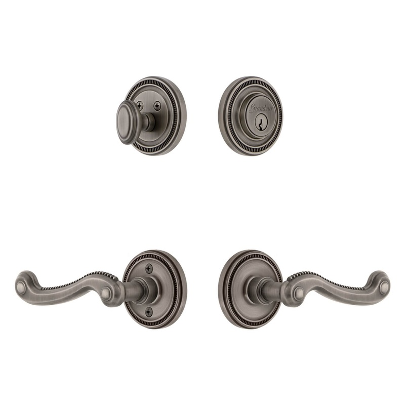 Soleil Rosette Entry Set with Newport Lever in Antique Pewter