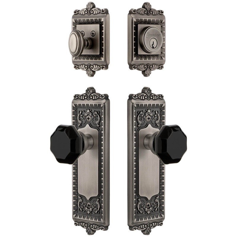 Windsor Long Plate Entry Set with Lyon Knob in Antique Pewter