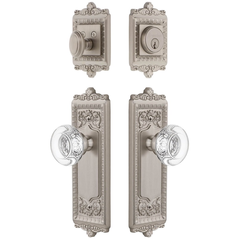 Windsor Long Plate Entry Set with Bordeaux Crystal Knob in Satin Nickel